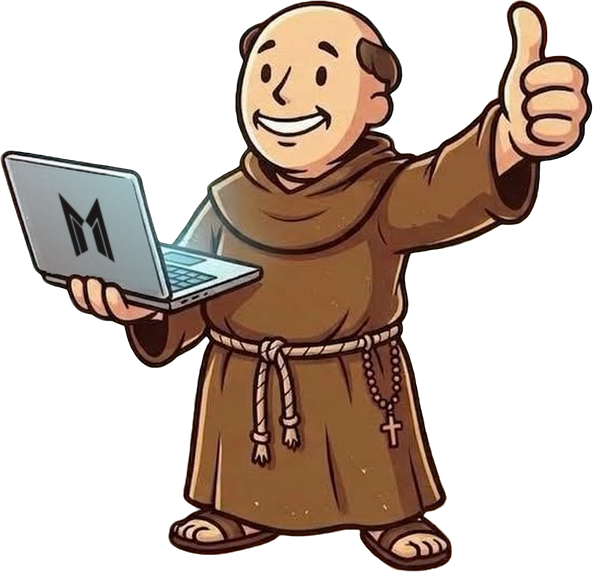 The Monastic monk mascot holding a laptop and giving a thumbs up